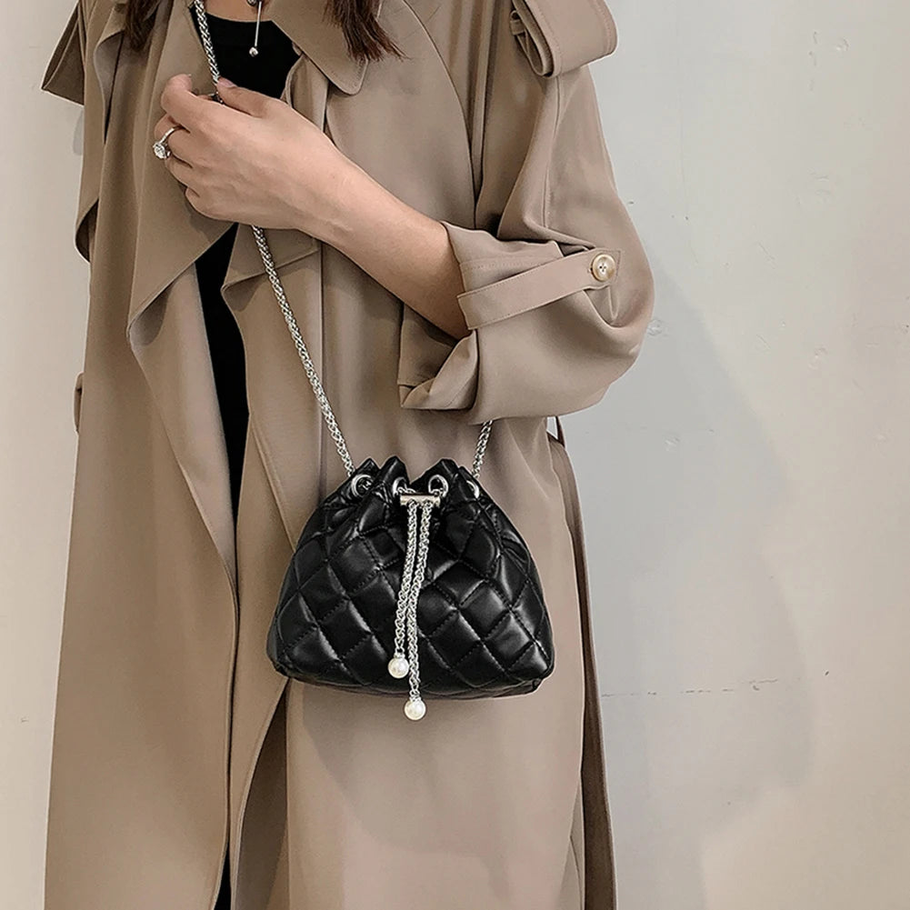 Embroidery Thread Shoulder Bag PU Leather Handbag Chain Bucket Clutch Purse