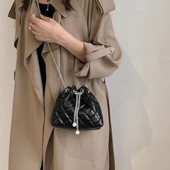 Embroidery Thread Shoulder Bag PU Leather Handbag Chain Bucket Clutch Purse