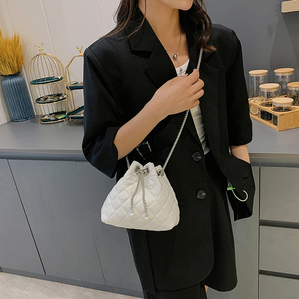 Embroidery Thread Shoulder Bag PU Leather Handbag Chain Bucket Clutch Purse
