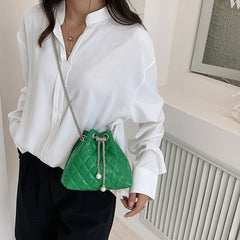 Embroidery Thread Shoulder Bag PU Leather Handbag Chain Bucket Clutch Purse