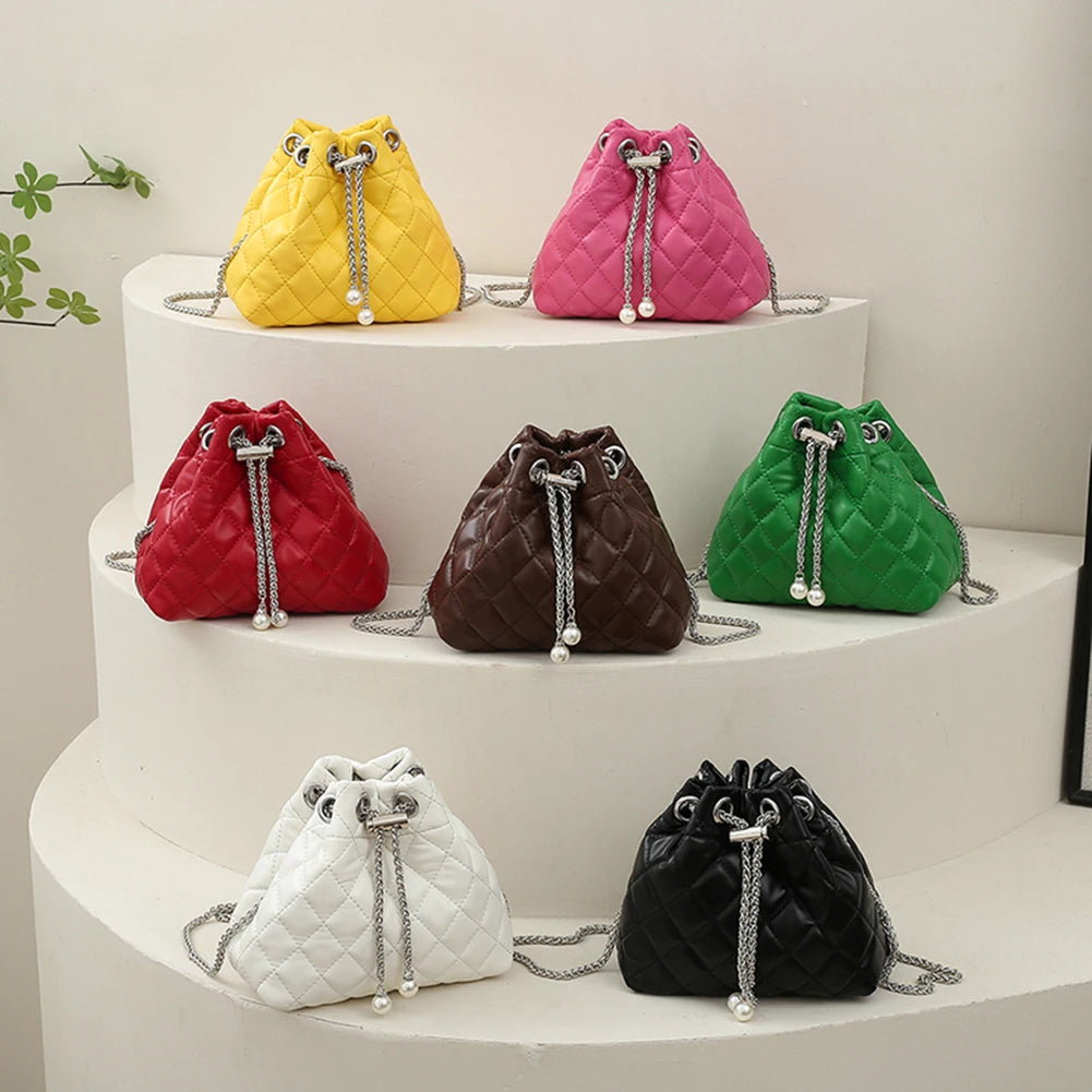 Embroidery Thread Shoulder Bag PU Leather Handbag Chain Bucket Clutch Purse