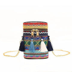 Ethnic Style Shoulder Crossbody Bag Women Tassel Hand-Woven Bucket Purse