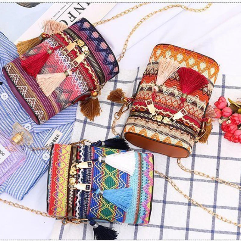Ethnic Style Shoulder Crossbody Bag Women Tassel Hand-Woven Bucket Purse