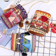 Ethnic Style Shoulder Crossbody Bag Women Tassel Hand-Woven Bucket Purse