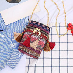 Ethnic Style Shoulder Crossbody Bag Women Tassel Hand-Woven Bucket Purse