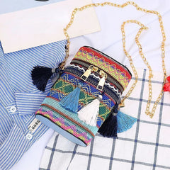 Ethnic Style Shoulder Crossbody Bag Women Tassel Hand-Woven Bucket Purse