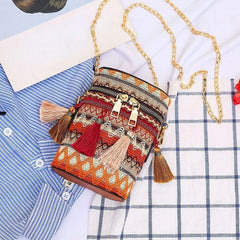 Ethnic Style Shoulder Crossbody Bag Women Tassel Hand-Woven Bucket Purse