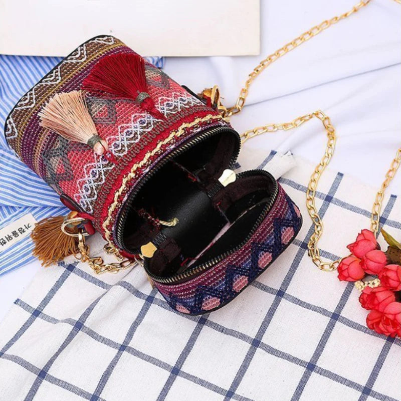 Ethnic Style Shoulder Crossbody Bag Women Tassel Hand-Woven Bucket Purse