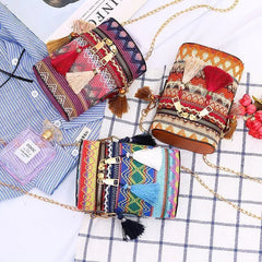 Ethnic Style Shoulder Crossbody Bag Women Tassel Hand-Woven Bucket Purse