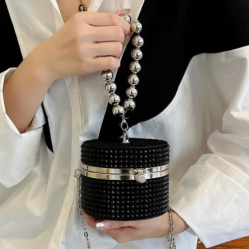 Silver Rivet Circular Clutch Bag Chain Messenger Diamond Shoulder Bag