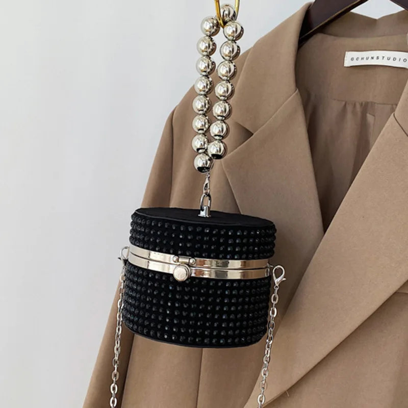 Silver Rivet Circular Clutch Bag Chain Messenger Diamond Shoulder Bag