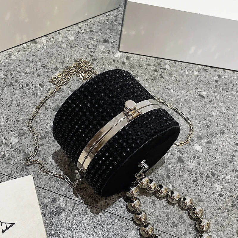 Silver Rivet Circular Clutch Bag Chain Messenger Diamond Shoulder Bag