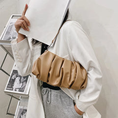 Solid Leather Cloud Underarm Handbags Female Pleated Shoulder Bags
