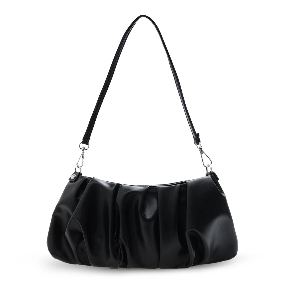 Solid Leather Cloud Underarm Handbags Female Pleated Shoulder Bags
