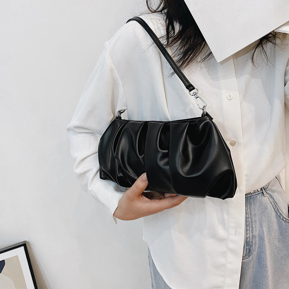 Solid Leather Cloud Underarm Handbags Female Pleated Shoulder Bags