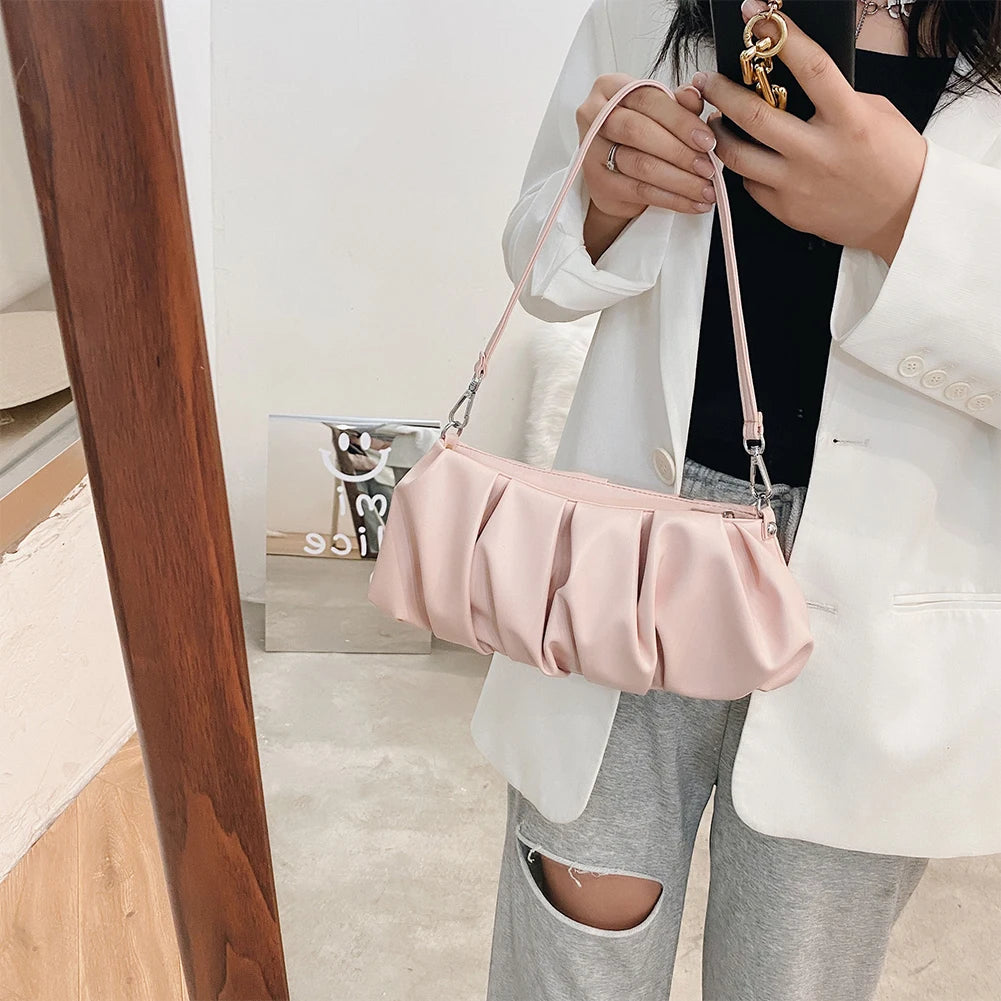 Solid Leather Cloud Underarm Handbags Female Pleated Shoulder Bags