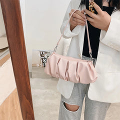 Solid Leather Cloud Underarm Handbags Female Pleated Shoulder Bags