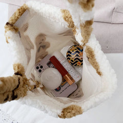 Bear Print Top-handle Bag Autumn Plush Tote Shoulder Handbag