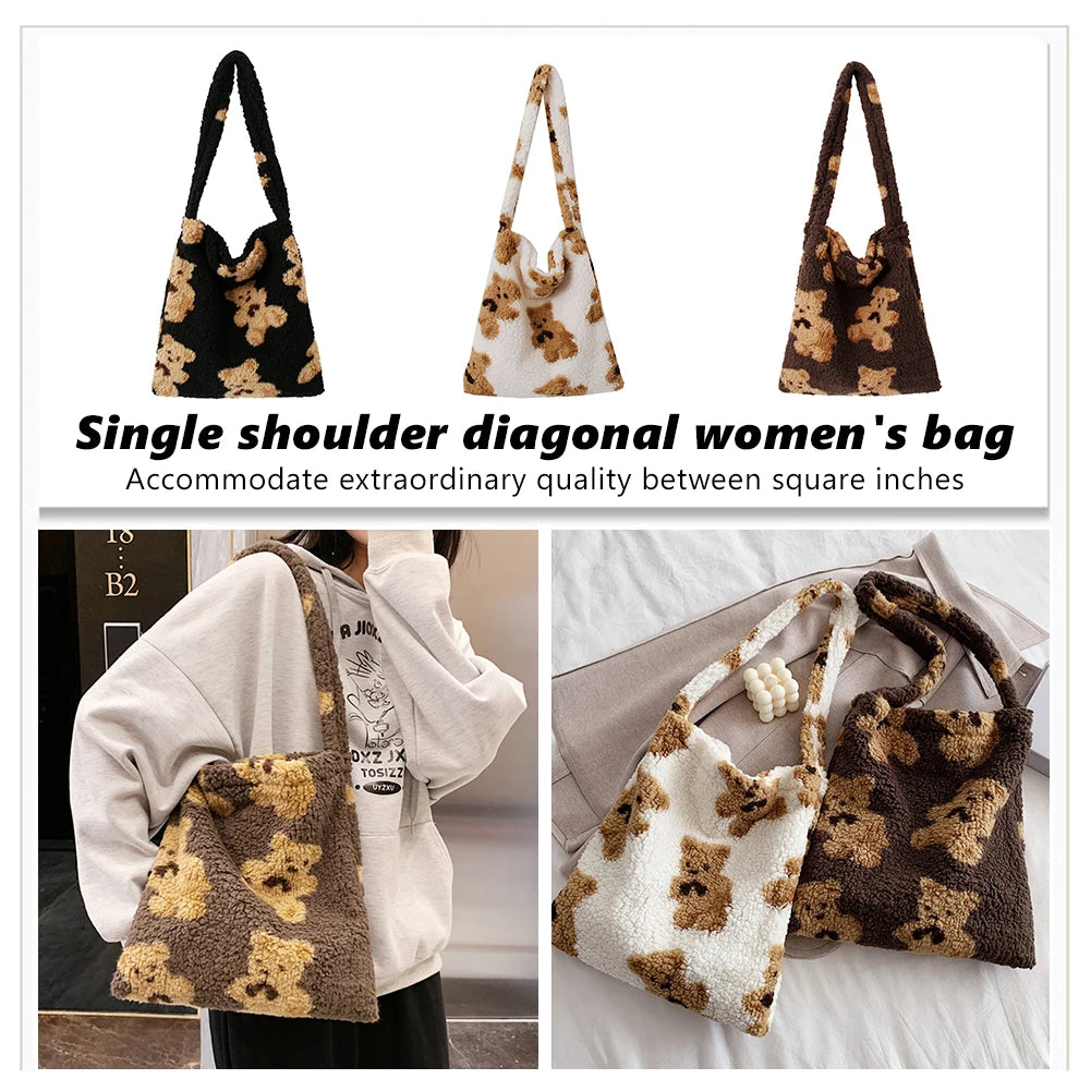 Bear Print Top-handle Bag Autumn Plush Tote Shoulder Handbag