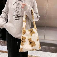 Bear Print Top-handle Bag Autumn Plush Tote Shoulder Handbag