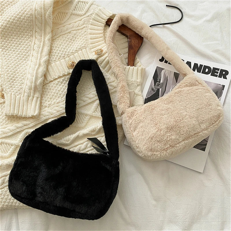 Women Small Hobos Shoulder Bag Winter Soft Plush Ladies Underarm Handbags