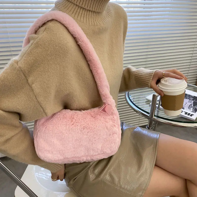 Women Small Hobos Shoulder Bag Winter Soft Plush Ladies Underarm Handbags