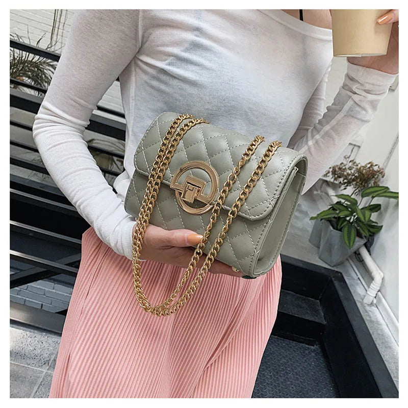 Female Bag Metal Chain Shoulder Strap Rhombus Check Crossbody