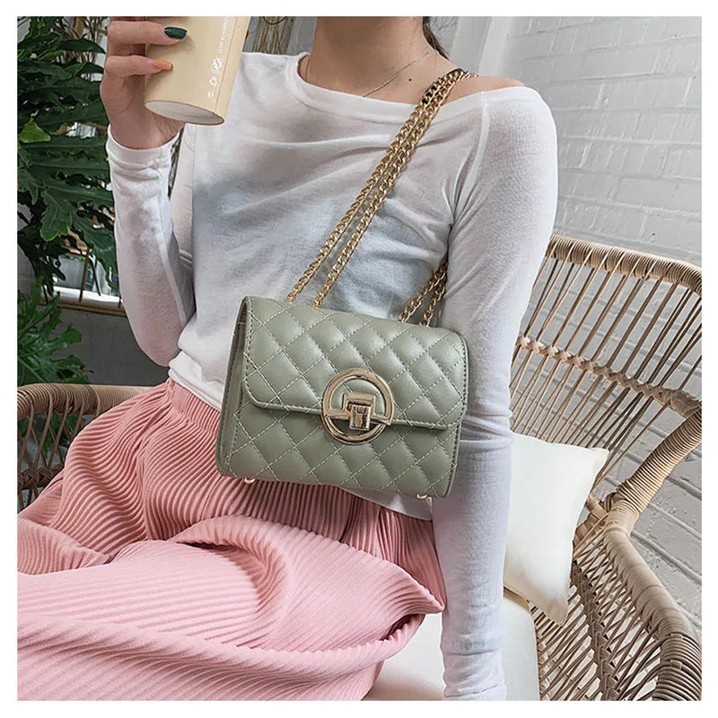 Female Bag Metal Chain Shoulder Strap Rhombus Check Crossbody