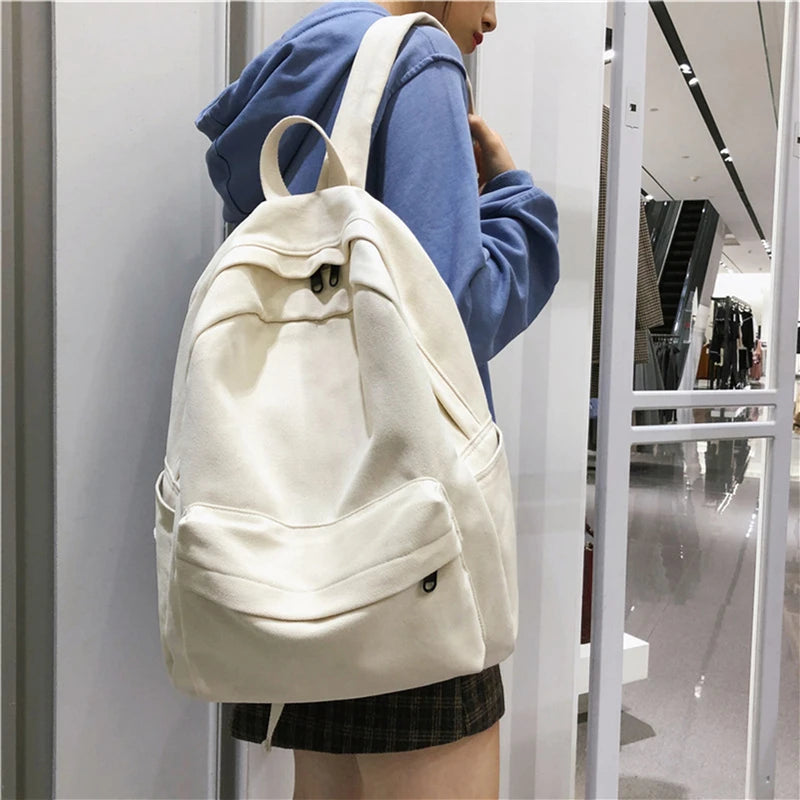 Female Canvas Backpack Women Solid Backpack for College School
