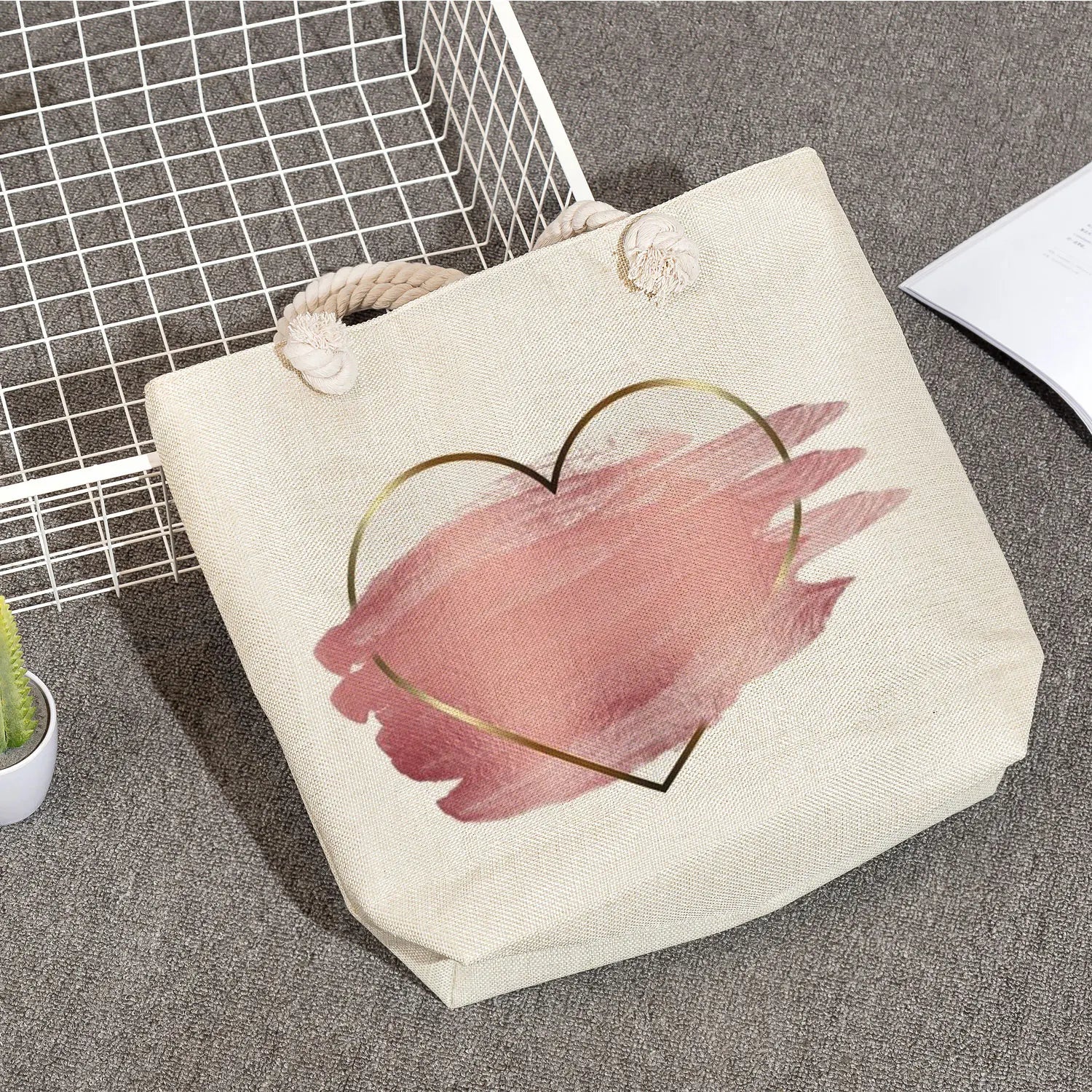 Floral Love Print Handbags Thick Rope Shoulder Bag Eco Reusable Shopping Bag