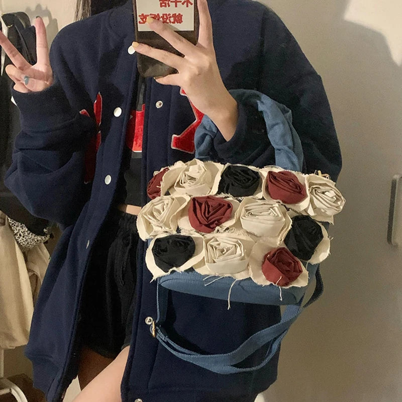 Flower Zipper Tote Bag for Women Rose Bag Bucket Bag