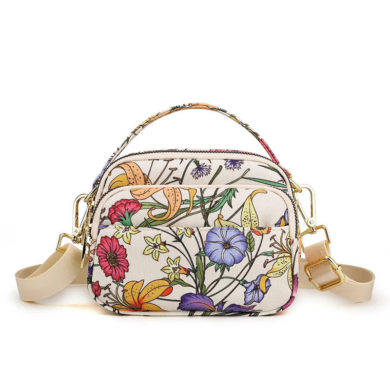 Flower Pattern Small Handbag Purses Waterproof Nylon Shoulder Bag for Women