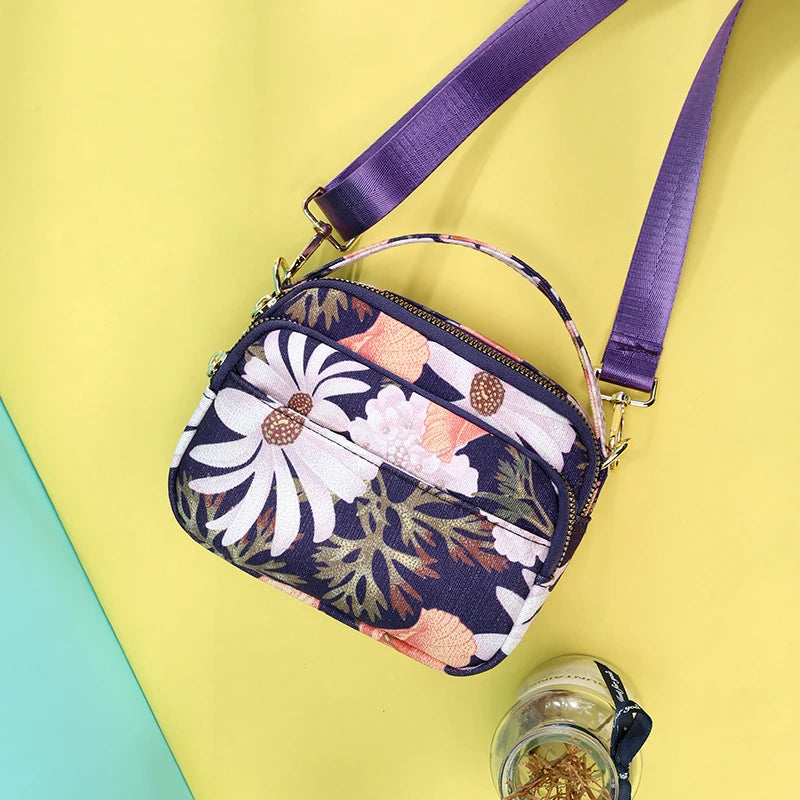 Flower Pattern Small Handbag Purses Waterproof Nylon Shoulder Bag for Women