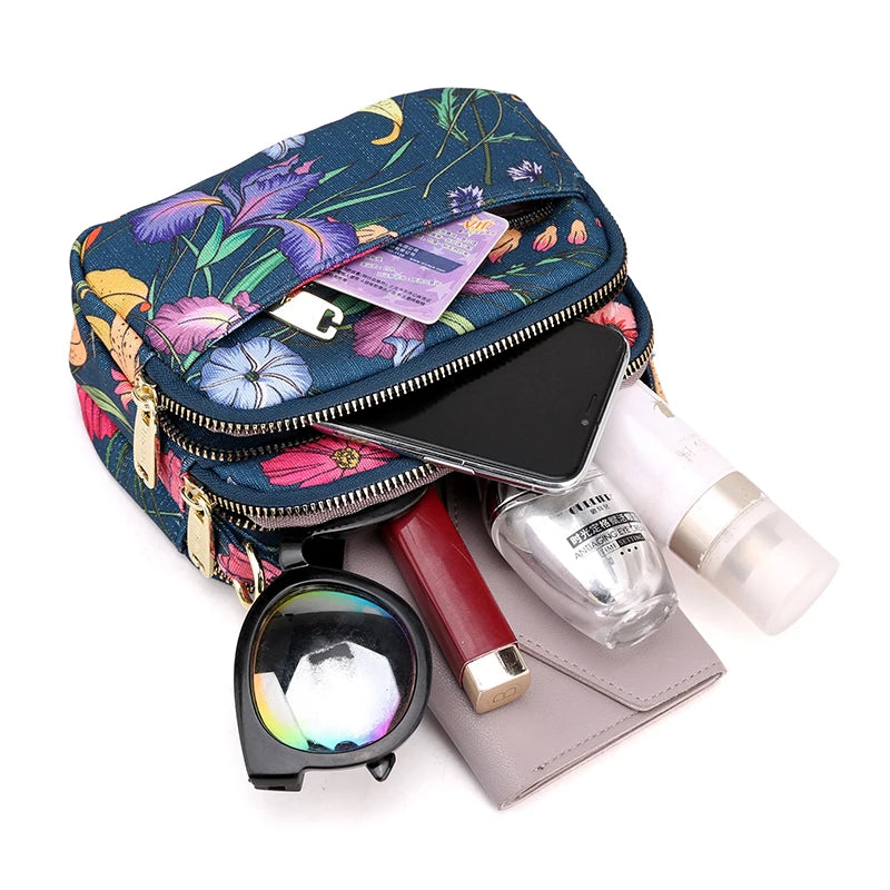Flower Pattern Small Handbag Purses Waterproof Nylon Shoulder Bag for Women
