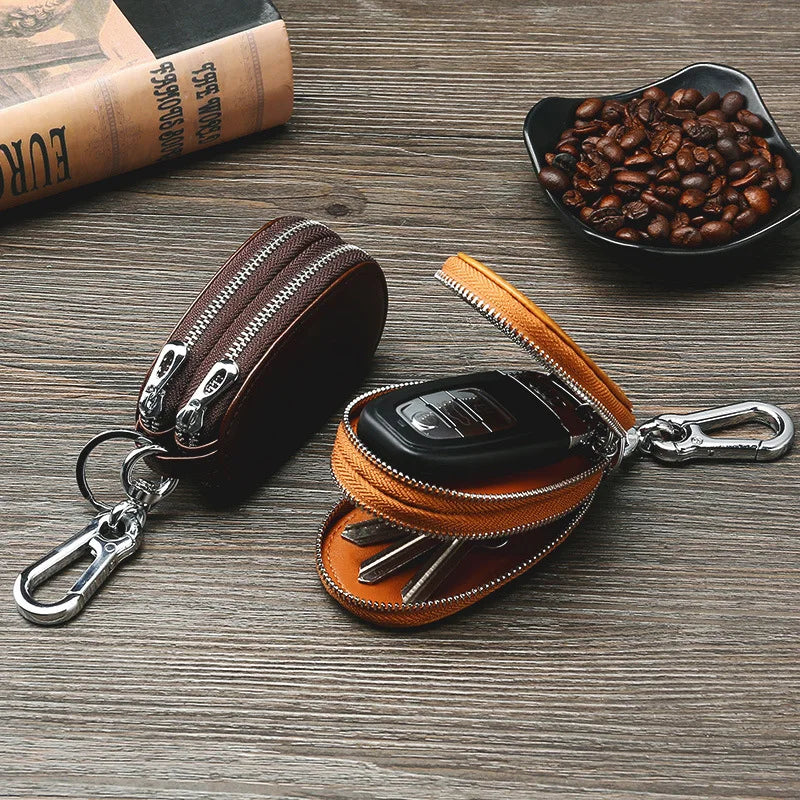 Leather Unisex Car Key Wallet Men Double Zip Keychain Holder