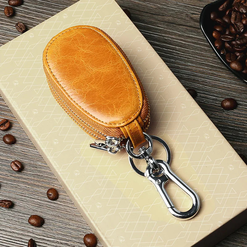 Leather Unisex Car Key Wallet Men Double Zip Keychain Holder