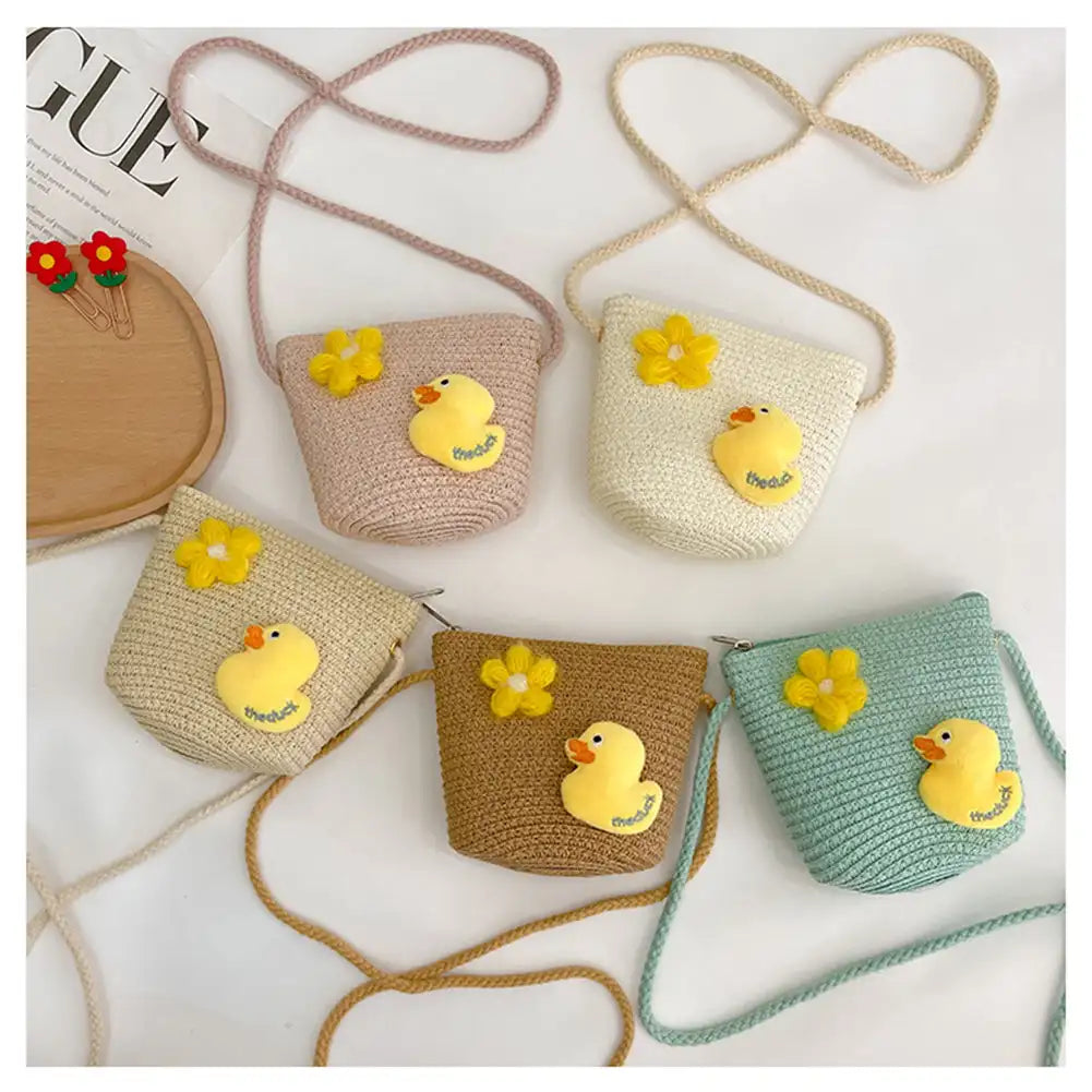 Kids Cartoon Straw Woven Shoulder Bag
