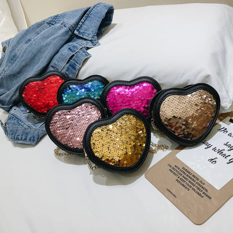 Girls Messenger Bag Heart Sequin Leather Mini Bag Baby Handbag