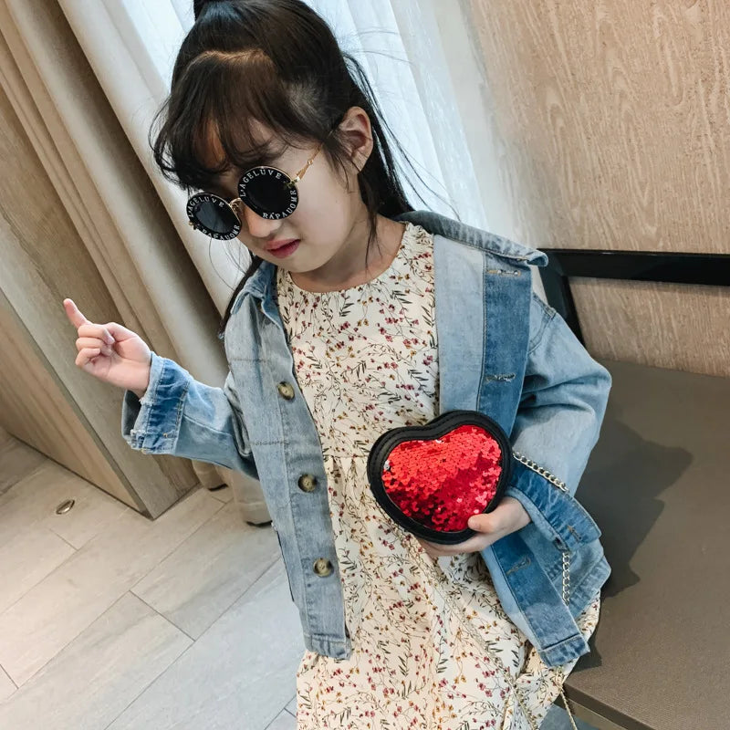 Girls Messenger Bag Heart Sequin Leather Mini Bag Baby Handbag