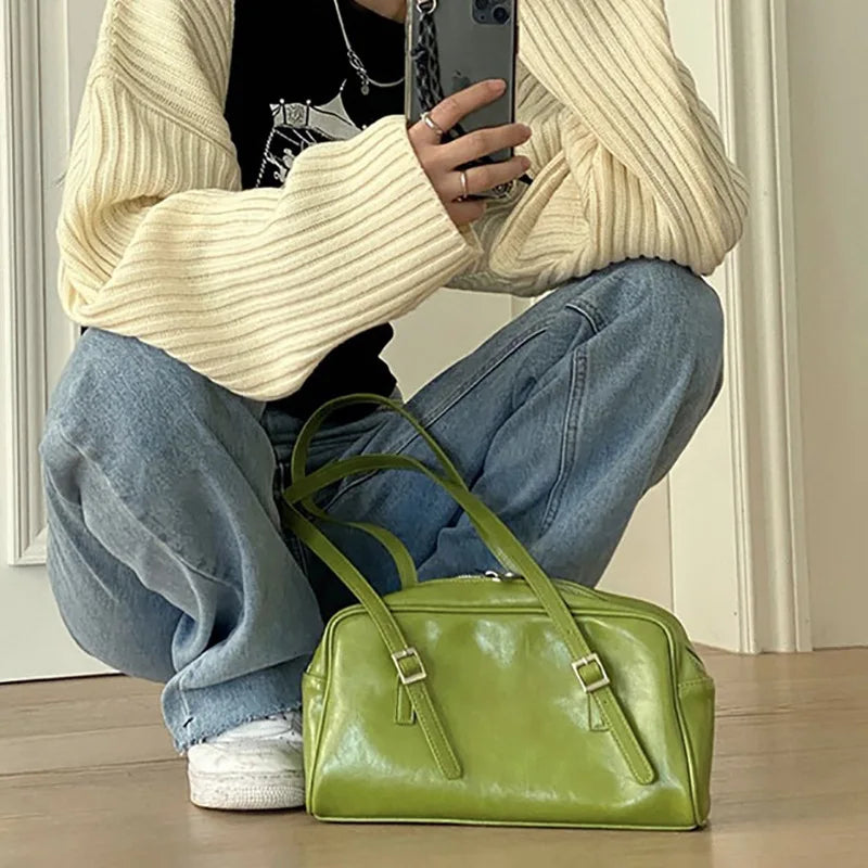 Green Women Shoulder Bags Pillow Handbags PU Leather Female Purse
