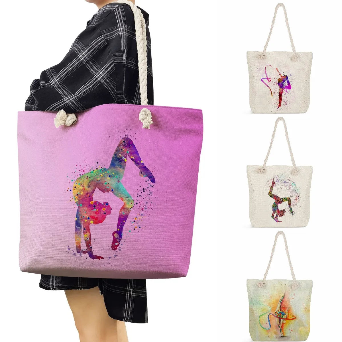 Watercolor Gymnastics Art Print Shoulder Bag Girls High Capacity Handbag