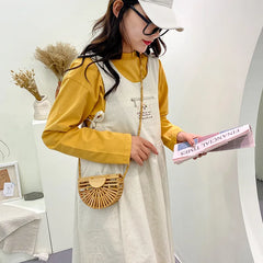 Half Moon Bamboo Shoulder Crossbody Bag Women Rattan Beach Straw Phone Purse
