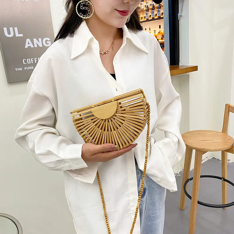 Half Moon Bamboo Shoulder Crossbody Bag Women Rattan Beach Straw Phone Purse