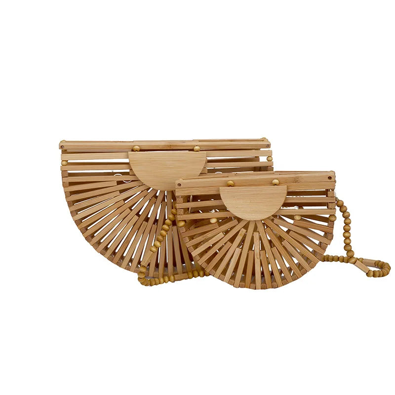 Half Moon Bamboo Shoulder Crossbody Bag Women Rattan Beach Straw Phone Purse