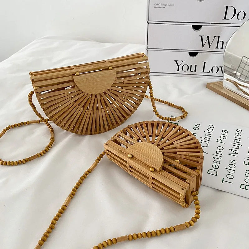 Half Moon Bamboo Shoulder Crossbody Bag Women Rattan Beach Straw Phone Purse