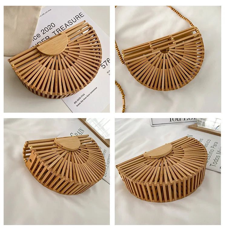 Half Moon Bamboo Shoulder Crossbody Bag Women Rattan Beach Straw Phone Purse