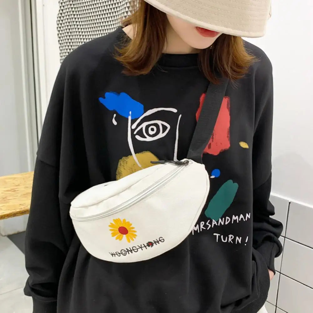 Women Mini Bucket Pouch Daisy Printed Canvas Waist Bag