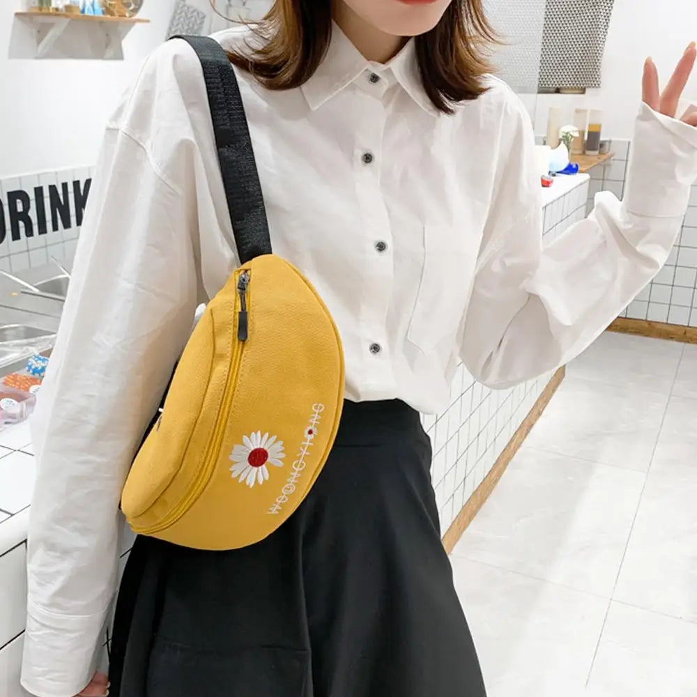 Women Mini Bucket Pouch Daisy Printed Canvas Waist Bag