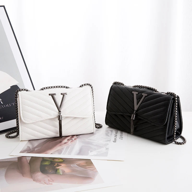 Sequined Tassel Small Shoulder Bag Embroidery Crossbody Purse V Letter