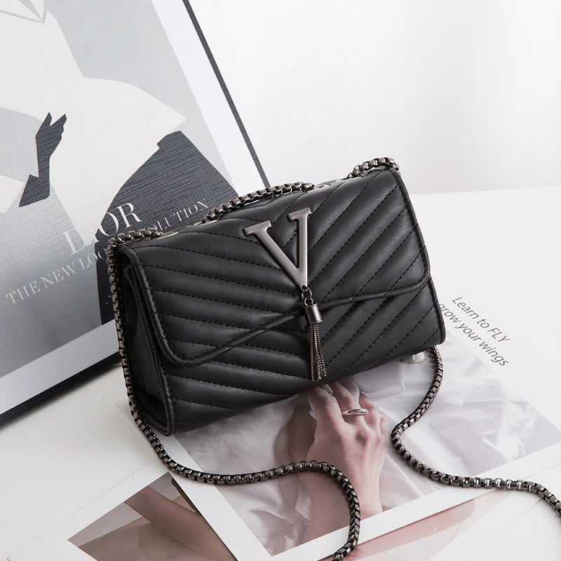 Sequined Tassel Small Shoulder Bag Embroidery Crossbody Purse V Letter